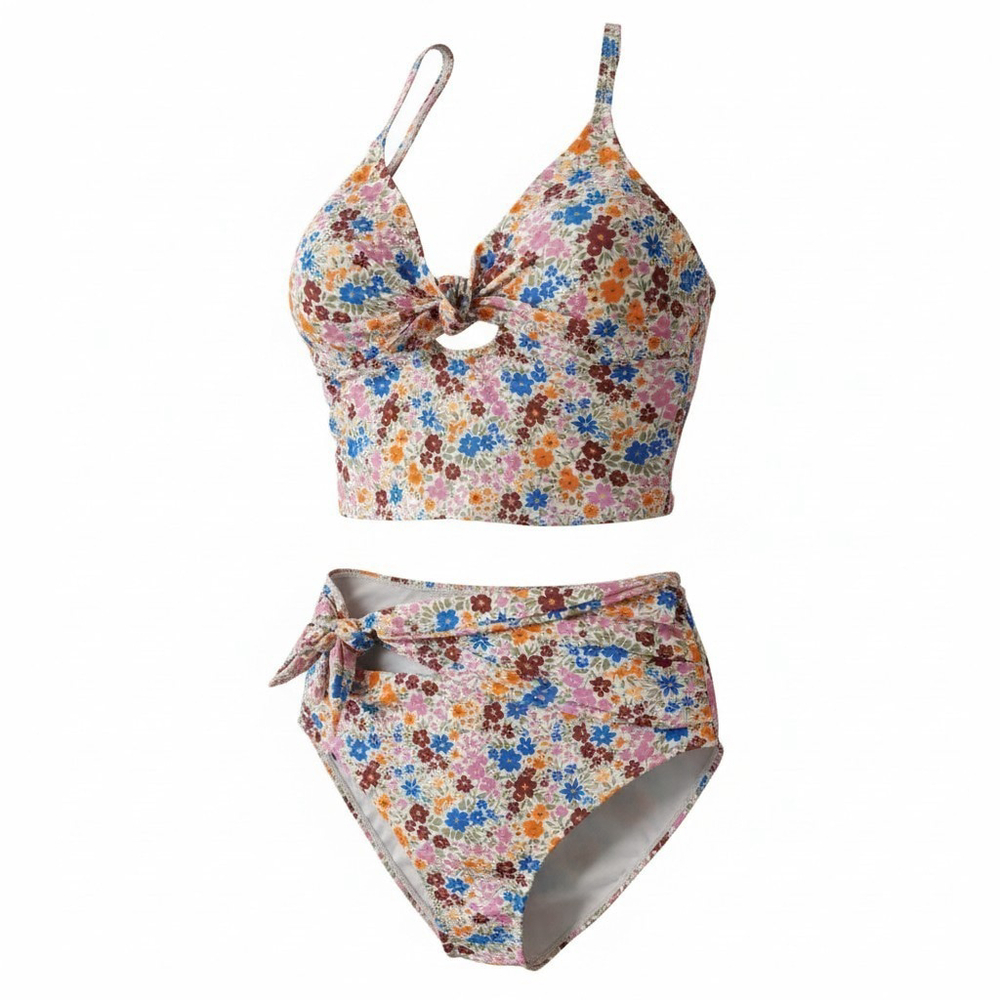 Tahari 2 piece Set Swimsuit Bathing Suit Tankini LARGE Red Orange Pink Floral - Picture 2 of 16